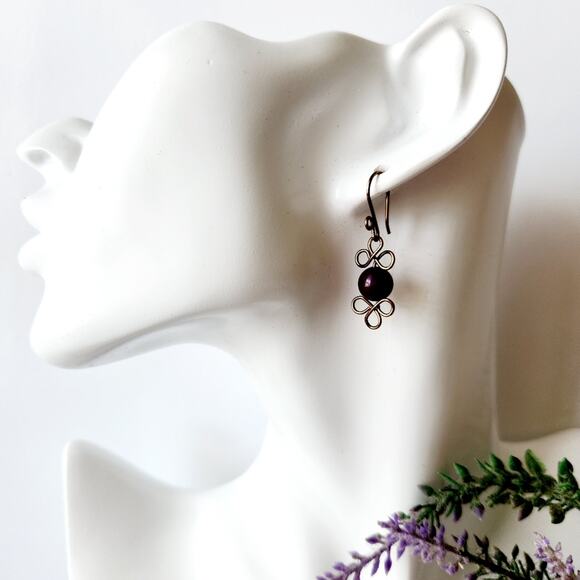 Purple Dyed Quartz Stone Beads Copper Wire Wrap Drop Earrings - Picture 3 of 10